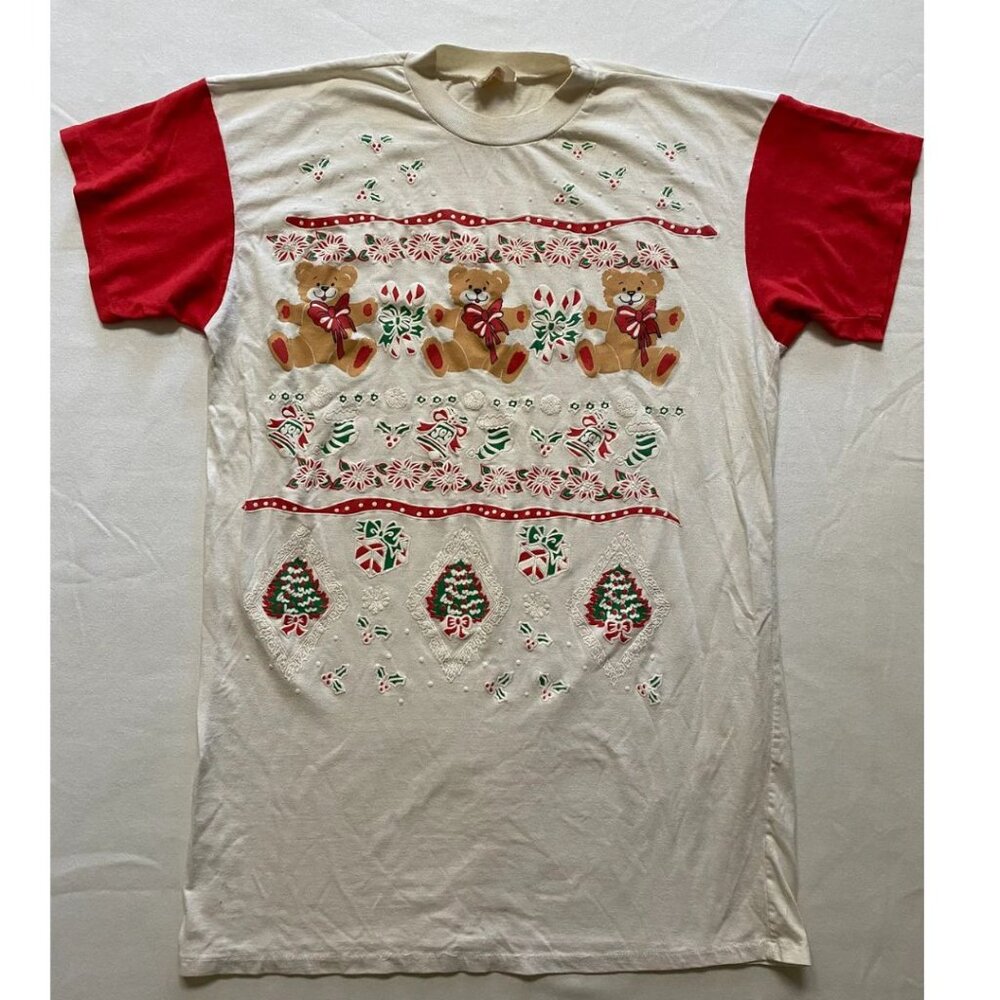 Ladies Christmas Sleep Shirt Gown Puffy Xmas Holiday Cozy Size Large Bears 1990s